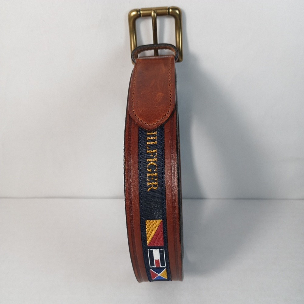 VTG Y2K Preppy Tommy Hilfiger 1990s Multicolor Flag Leather Belt Mens Size 38